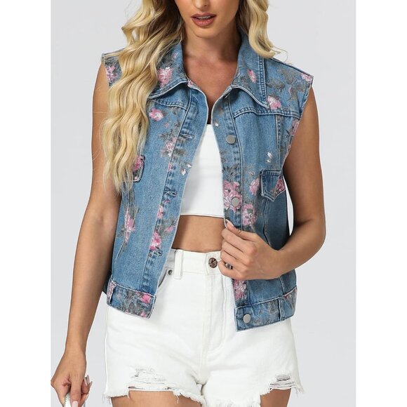 Denim Vest Women Sleeveless Floral Printed Cropped Jacket Casual - Picture 4 of 6